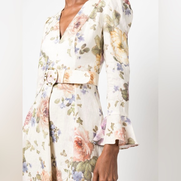 NWT Zimmermann Luminosity Belted Linen Midi Dress Beige Floral | ZIM 0 / US XS - Picture 4 of 13